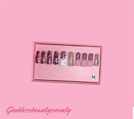 G.B.SLLC 100% Hand-Made  Press On Nails Pink Glitz & Glamour Duckies Set
