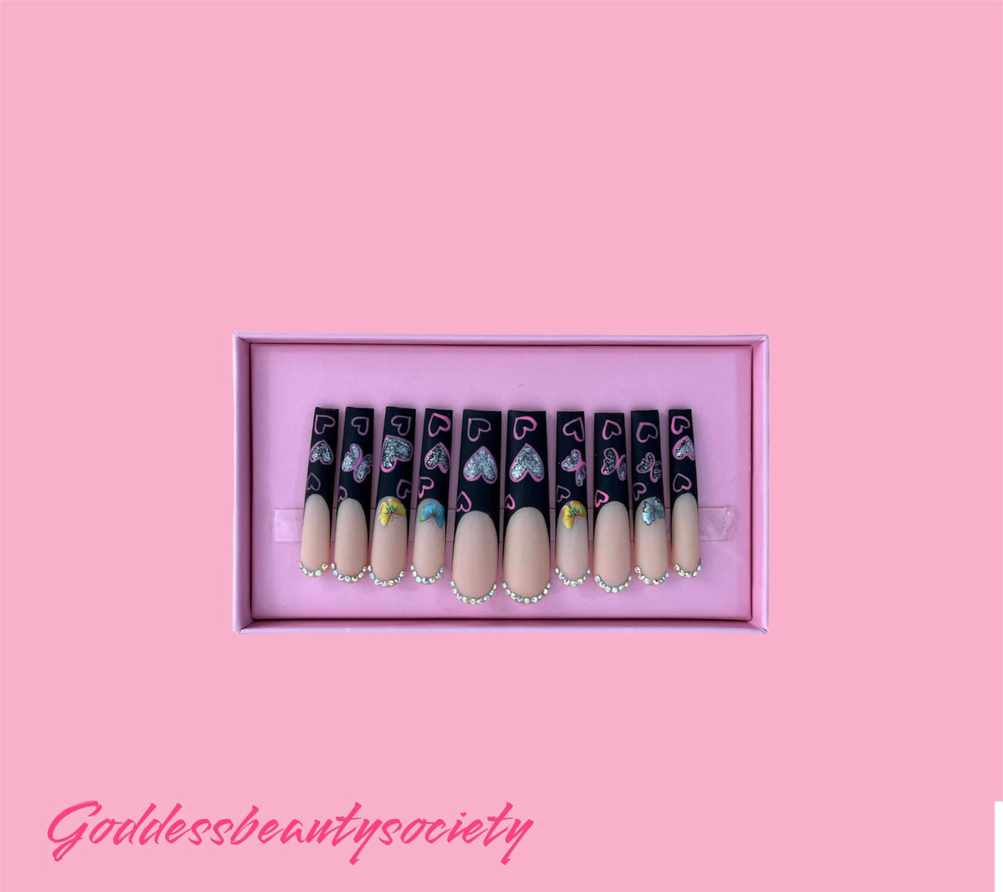 G.B.SLLC 100% Hand-Made Press Ons Black Tips/Pink Hearts Set