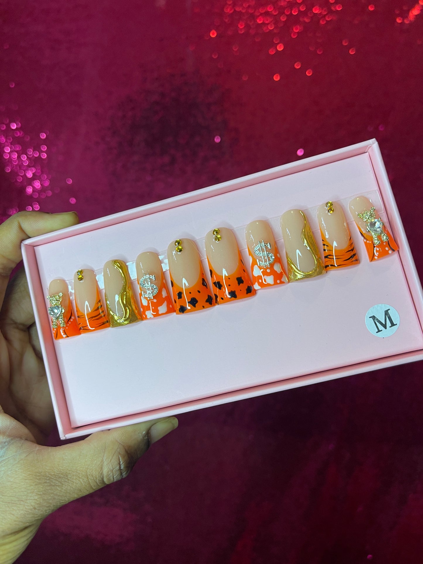 G.B.SLLC 100% Hand-Made  Press On Nails Pumpkin Orange Duckies Set