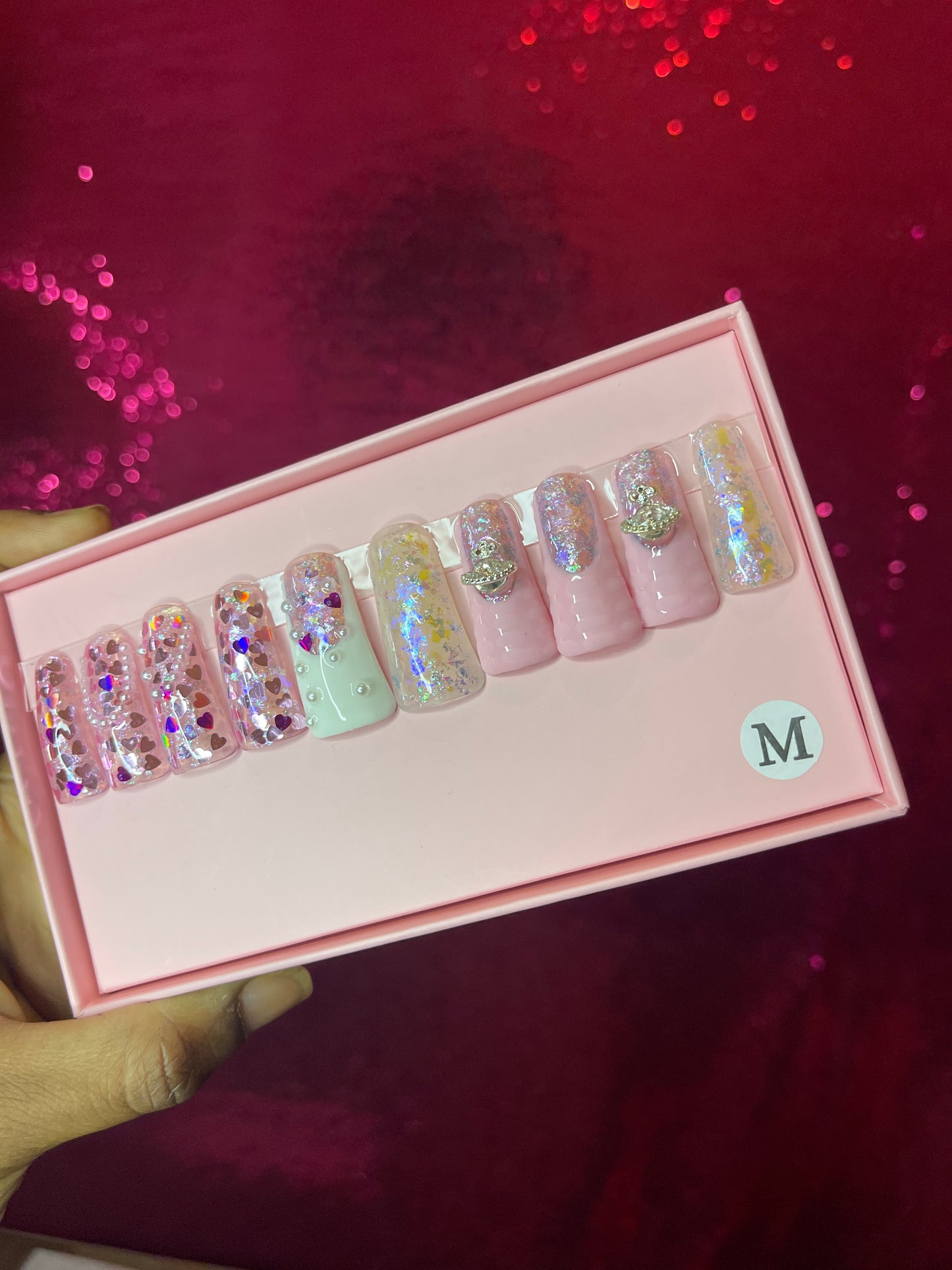 G.B.SLLC 100% Hand-Made  Press On Nails Pink Glitz & Glamour Duckies Set